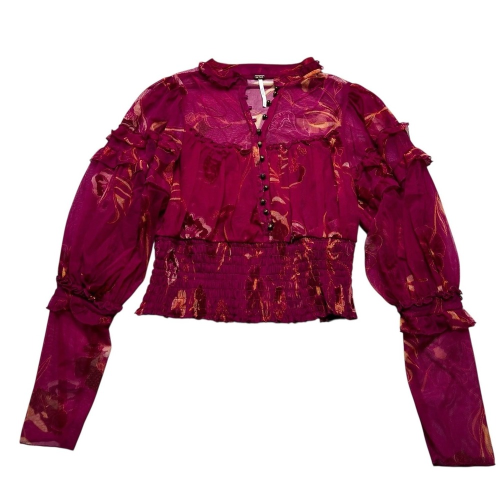 Free People‎ Blouse Womens Small Magenta Floral Sheer Mesh Smocked Ruffle Top - Picture 7 of 12